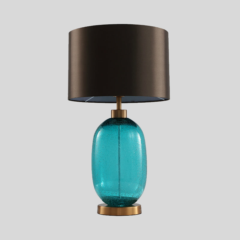 Tapered Drum Task Light Modernism Fabric 1 Head Reading Lamp in Brown with Oval Blue Glazed Crystal Base Clearhalo 'Lamps' 'Table Lamps' Lighting' 413183