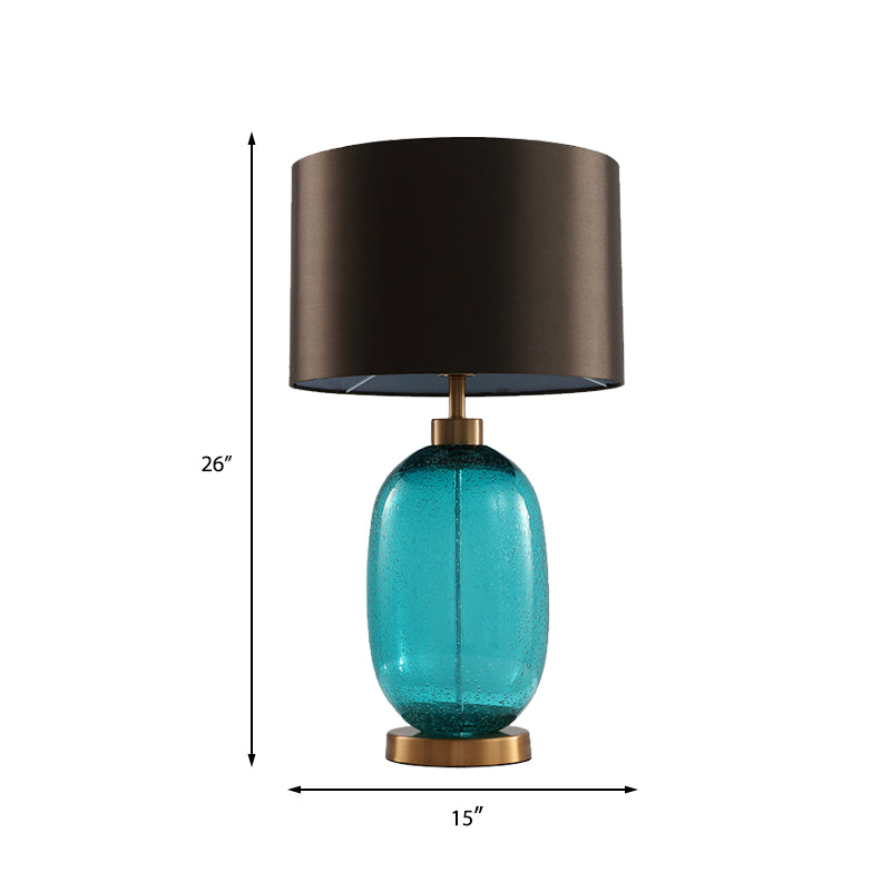 Tapered Drum Task Light Modernism Fabric 1 Head Reading Lamp in Brown with Oval Blue Glazed Crystal Base Clearhalo 'Lamps' 'Table Lamps' Lighting' 413184