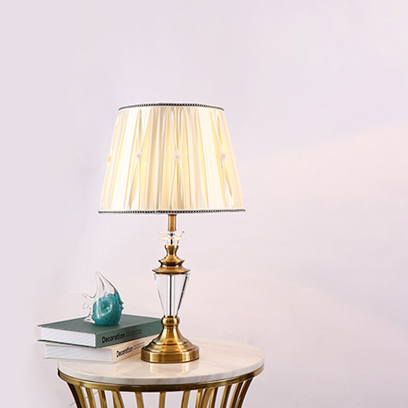 Modernist 1 Head Desk Light Beige Tapered Drum Night Table Lamp with Fabric Shade Beige Clearhalo 'Lamps' 'Table Lamps' Lighting' 415359