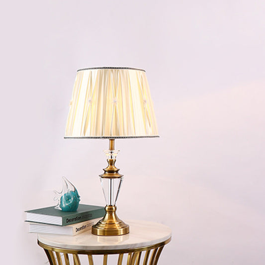 Modernist 1 Head Desk Light Beige Tapered Drum Night Table Lamp with Fabric Shade Beige Clearhalo 'Lamps' 'Table Lamps' Lighting' 415359