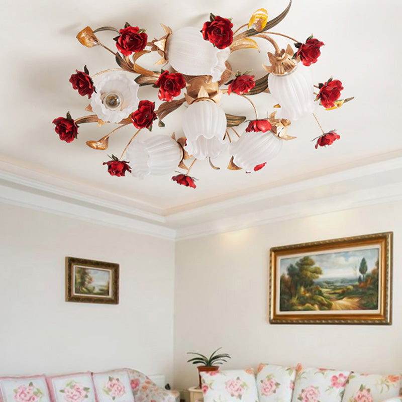 Blossom Bedroom Semi Flush Mount Romantic Pastoral Metal 3/6 Lights Coffee Close to Ceiling Lamp Clearhalo 'Ceiling Lights' 'Close To Ceiling Lights' 'Close to ceiling' 'Semi-flushmount' Lighting' 415366