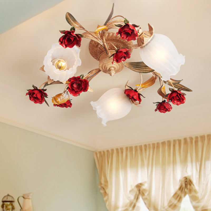 Blossom Bedroom Semi Flush Mount Romantic Pastoral Metal 3/6 Lights Coffee Close to Ceiling Lamp 3 Coffee Clearhalo 'Ceiling Lights' 'Close To Ceiling Lights' 'Close to ceiling' 'Semi-flushmount' Lighting' 415369