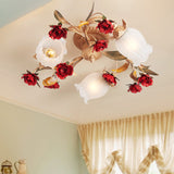 Blossom Bedroom Semi Flush Mount Romantic Pastoral Metal 3/6 Lights Coffee Close to Ceiling Lamp 3 Coffee Clearhalo 'Ceiling Lights' 'Close To Ceiling Lights' 'Close to ceiling' 'Semi-flushmount' Lighting' 415369