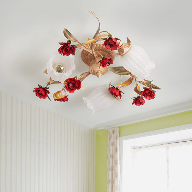 Blossom Bedroom Semi Flush Mount Romantic Pastoral Metal 3/6 Lights Coffee Close to Ceiling Lamp Clearhalo 'Ceiling Lights' 'Close To Ceiling Lights' 'Close to ceiling' 'Semi-flushmount' Lighting' 415370