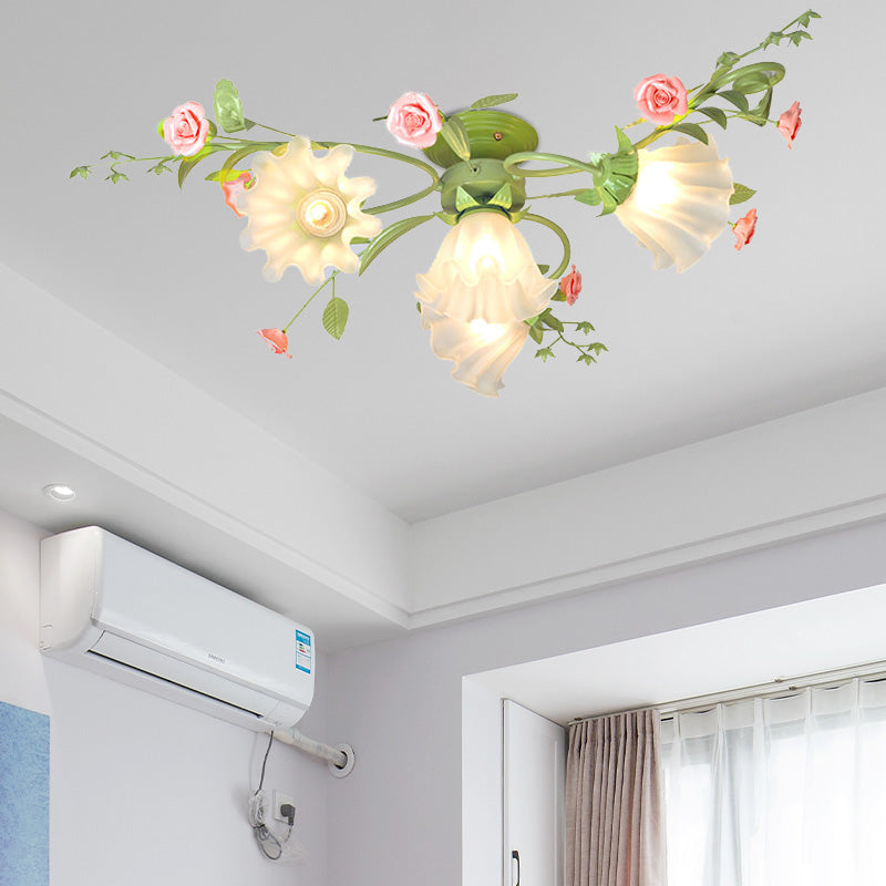 Metal White/Green Ceiling Fixture Scalloped 4 Bulbs Pastoral Flower Semi Flush Light for Bedroom Clearhalo 'Ceiling Lights' 'Close To Ceiling Lights' 'Close to ceiling' 'Semi-flushmount' Lighting' 415379