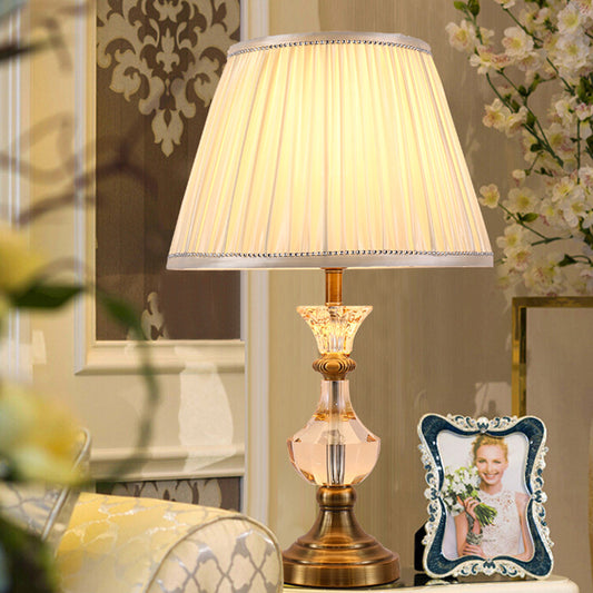 Jar Desk Lamp Modern Beveled Crystal 1 Bulb Beige Table Light with Cone Fabric Shade Beige Clearhalo 'Lamps' 'Table Lamps' Lighting' 415481