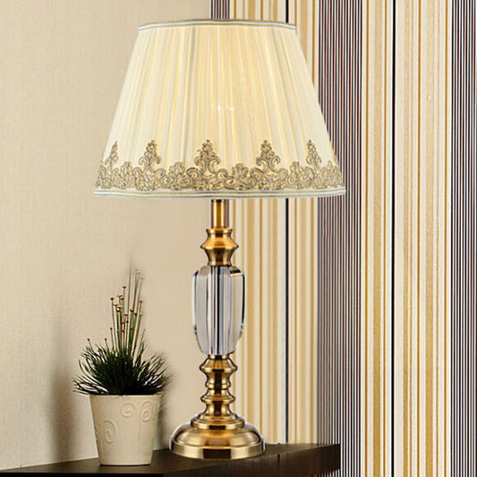 Beige Flare Desk Light Modernist 1 Bulb Fabric Night Table Lamp with Metallic Base Beige Clearhalo 'Lamps' 'Table Lamps' Lighting' 415511