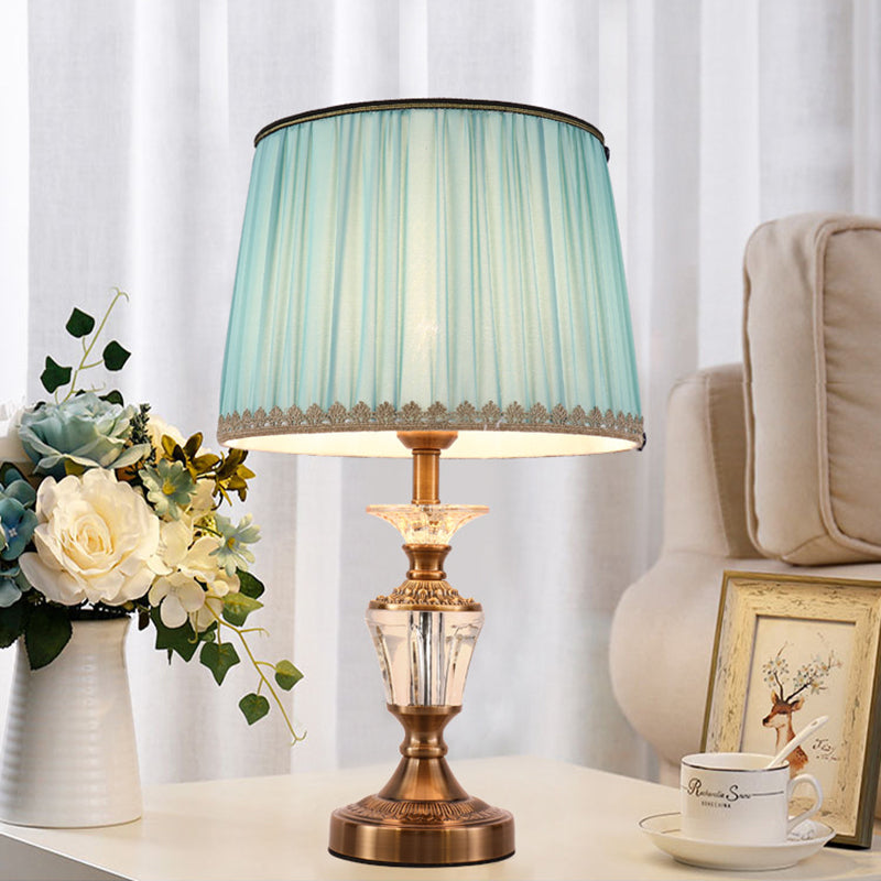 Drum Shade Crystal Reading Light Modernism Fabric 1 Head Nightstand Lamp in Blue/Beige Blue Clearhalo 'Lamps' 'Table Lamps' Lighting' 415516