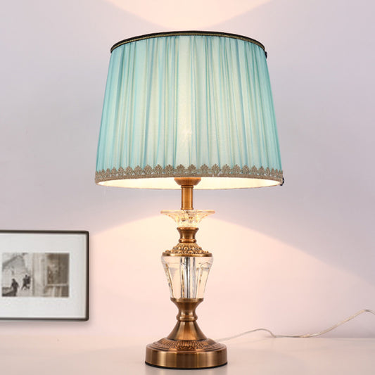 Drum Shade Crystal Reading Light Modernism Fabric 1 Head Nightstand Lamp in Blue/Beige Clearhalo 'Lamps' 'Table Lamps' Lighting' 415517