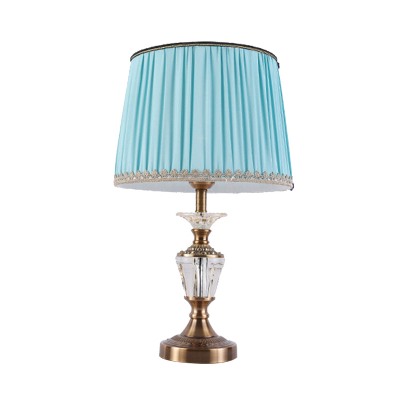 Drum Shade Crystal Reading Light Modernism Fabric 1 Head Nightstand Lamp in Blue/Beige Clearhalo 'Lamps' 'Table Lamps' Lighting' 415518