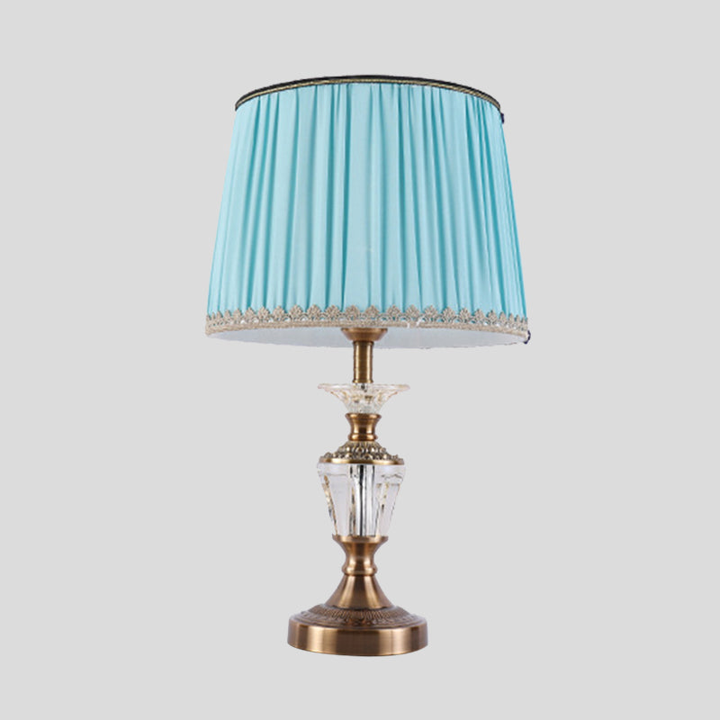 Drum Shade Crystal Reading Light Modernism Fabric 1 Head Nightstand Lamp in Blue/Beige Clearhalo 'Lamps' 'Table Lamps' Lighting' 415519