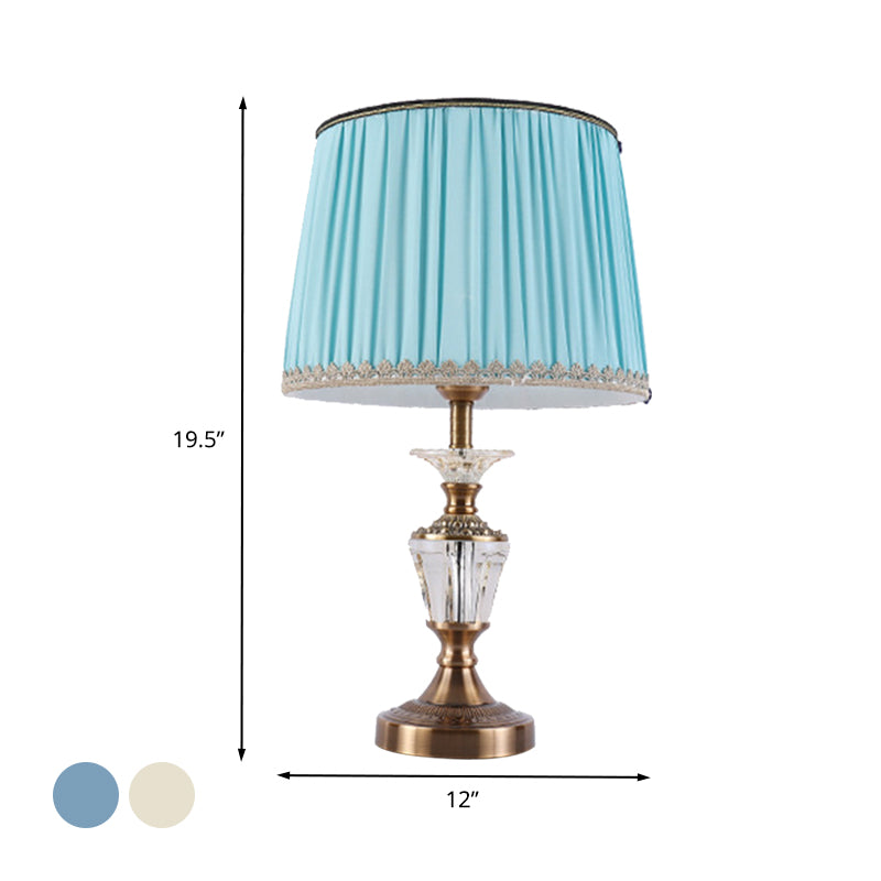 Drum Shade Crystal Reading Light Modernism Fabric 1 Head Nightstand Lamp in Blue/Beige Clearhalo 'Lamps' 'Table Lamps' Lighting' 415520