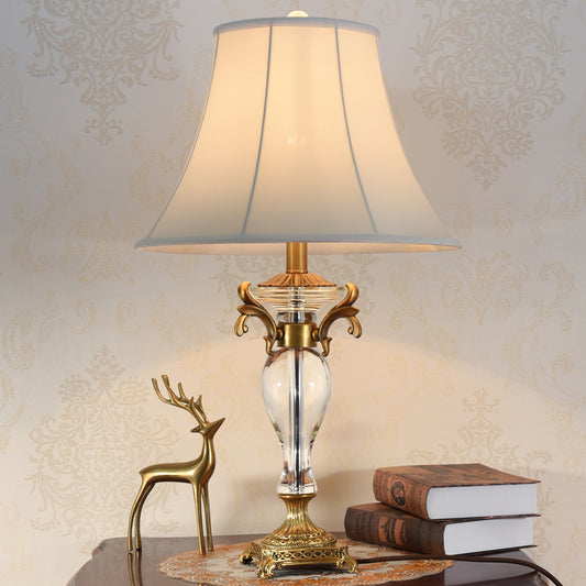 Bell Study Lamp Modern Fabric 1 Bulb White Task Light with Carved Brass Metallic Base White Clearhalo 'Lamps' 'Table Lamps' Lighting' 415524