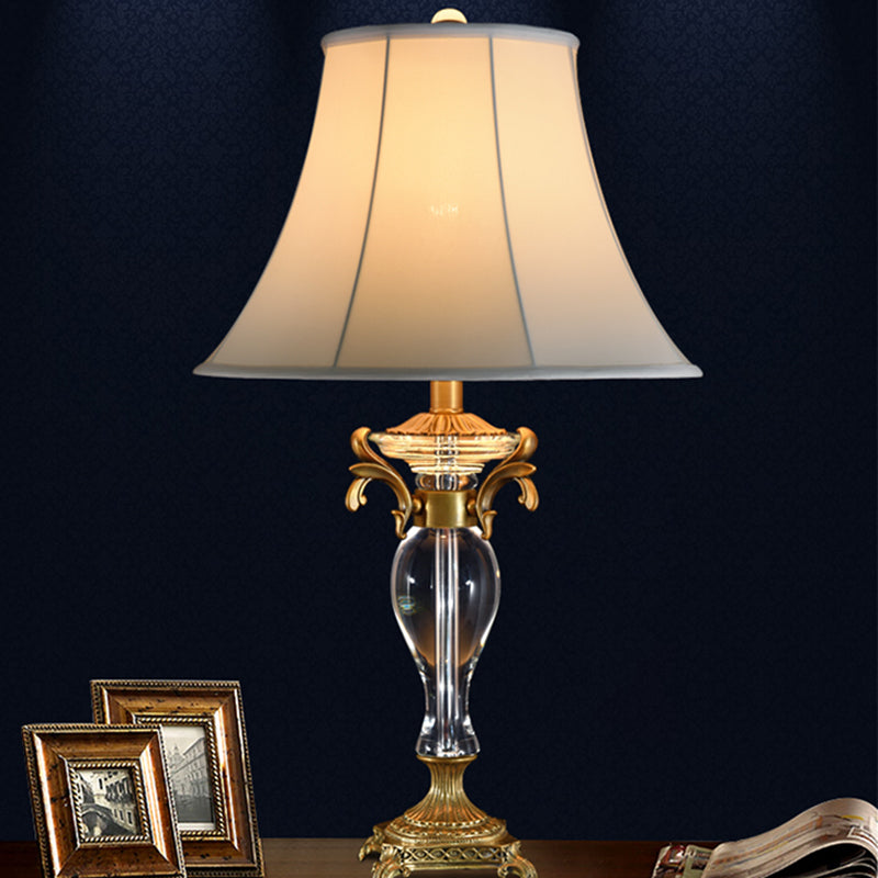 Bell Study Lamp Modern Fabric 1 Bulb White Task Light with Carved Brass Metallic Base Clearhalo 'Lamps' 'Table Lamps' Lighting' 415525