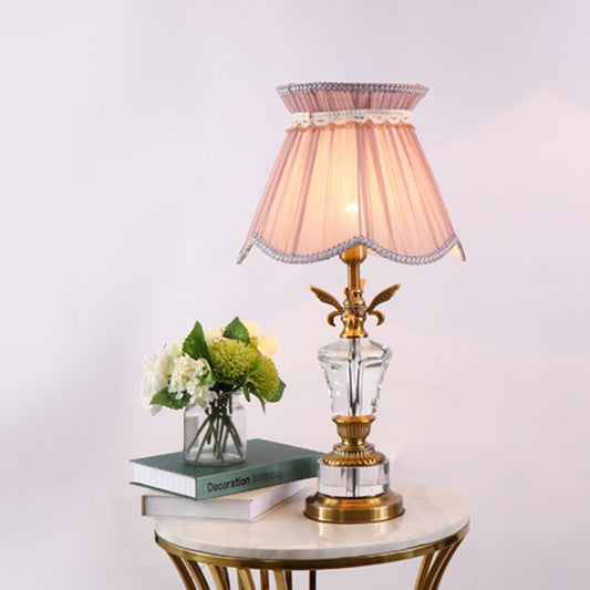 Fabric Scallop Table Lamp Modernist 1 Bulb Reading Light in Pink with Braided Trim Pink Clearhalo 'Lamps' 'Table Lamps' Lighting' 415534