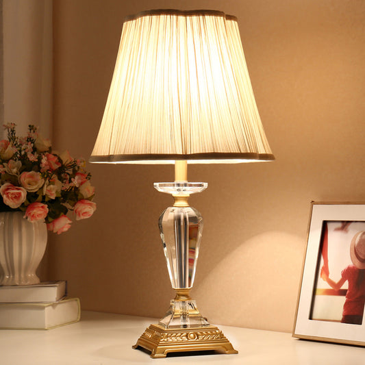 Tapered Table Lamp Modern Beveled Crystal 1 Bulb Task Light in Beige with Fabric Shade Beige Clearhalo 'Lamps' 'Table Lamps' Lighting' 415620