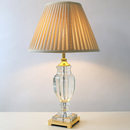 Contemporary 1 Head Crystal Table Light Beige Conical Small Desk Lamp with Fabric Shade Beige Clearhalo 'Lamps' 'Table Lamps' Lighting' 415640