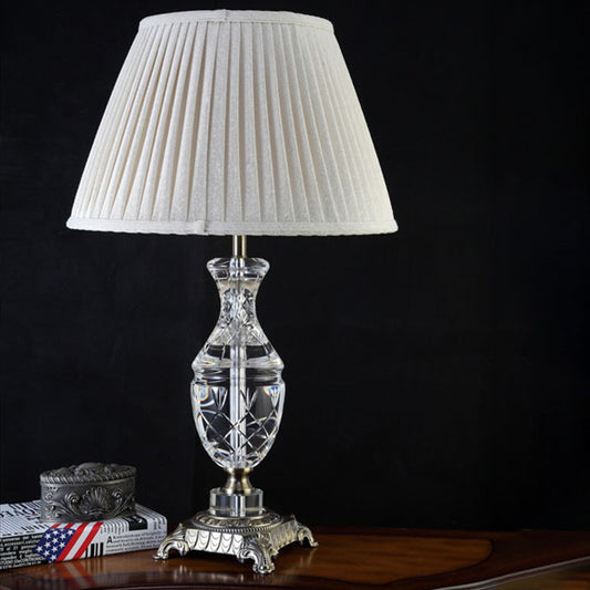 Fabric Shaded Desk Lamp Modern 1 Head Grey Table Light with Carved Bronze Metallic Pedestal Grey Clearhalo 'Lamps' 'Table Lamps' Lighting' 415661