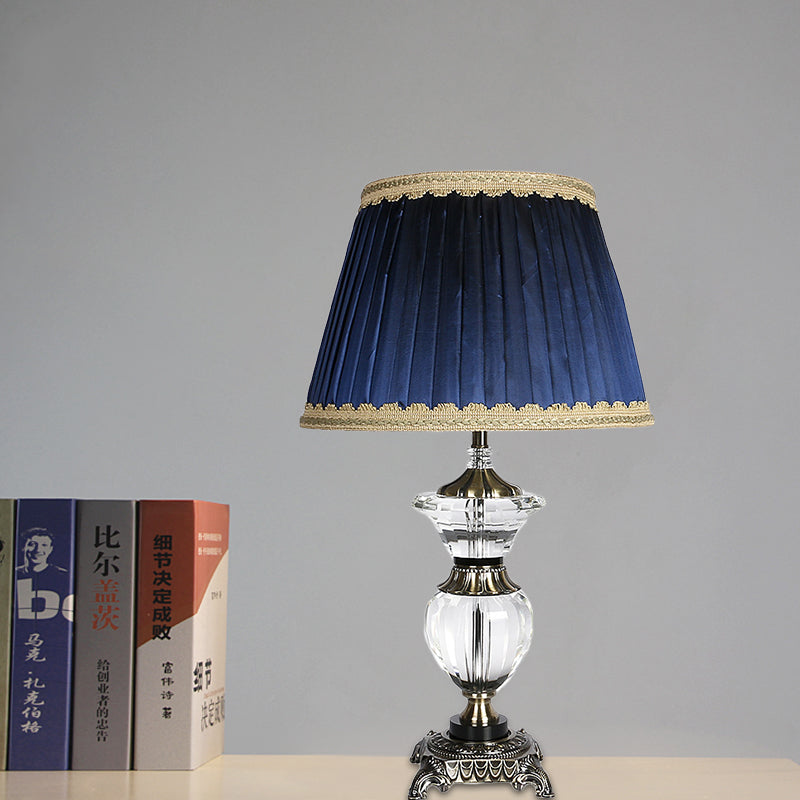 Tapered Drum Crystal Desk Light Contemporary Fabric 1 Head Night Table Lamp in Blue Blue Clearhalo 'Lamps' 'Table Lamps' Lighting' 415706