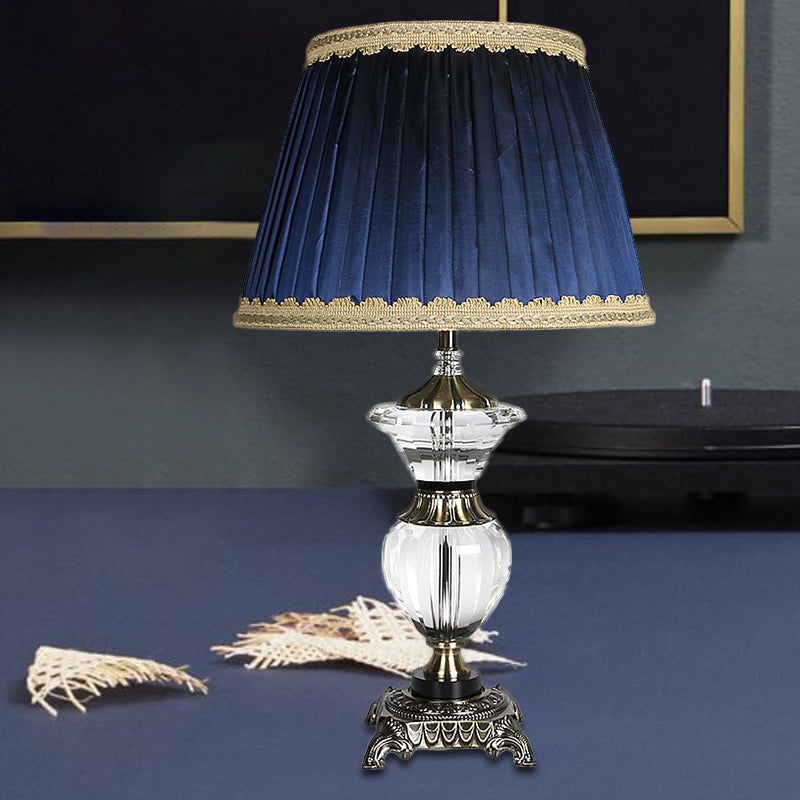 Tapered Drum Crystal Desk Light Contemporary Fabric 1 Head Night Table Lamp in Blue Clearhalo 'Lamps' 'Table Lamps' Lighting' 415707