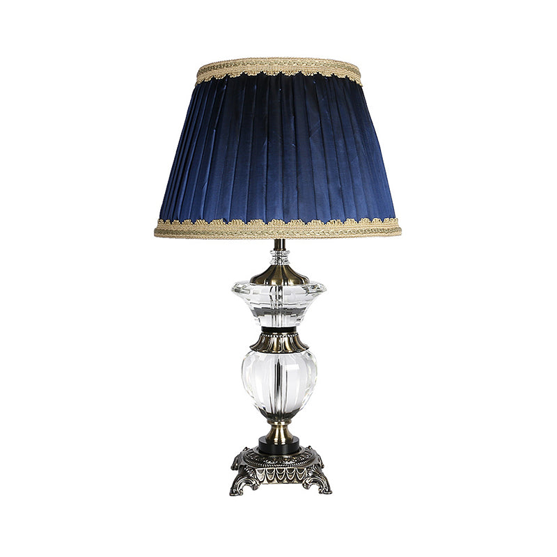 Tapered Drum Crystal Desk Light Contemporary Fabric 1 Head Night Table Lamp in Blue Clearhalo 'Lamps' 'Table Lamps' Lighting' 415708