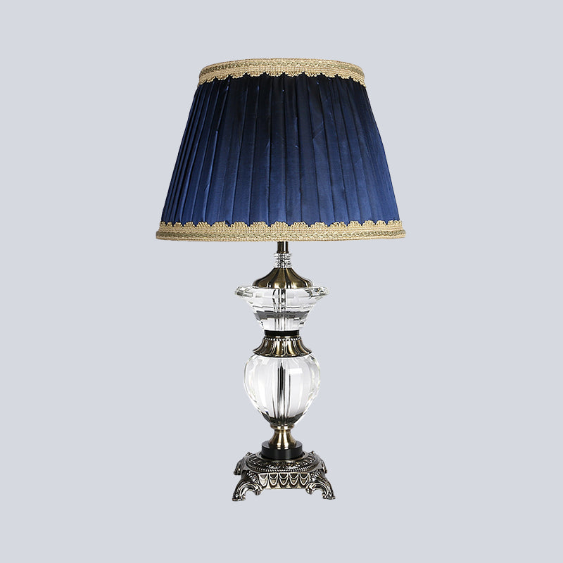 Tapered Drum Crystal Desk Light Contemporary Fabric 1 Head Night Table Lamp in Blue Clearhalo 'Lamps' 'Table Lamps' Lighting' 415709