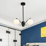 White Glass Ball Chandelier Modern 3/5/9 Lights Hanging Ceiling Fixture in Black with Curved Arm Clearhalo 'Ceiling Lights' 'Chandeliers' 'Glass shade' 'Glass' 'Modern Chandeliers' 'Modern' Lighting' 415792