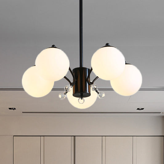 White Glass Ball Chandelier Modern 3/5/9 Lights Hanging Ceiling Fixture in Black with Curved Arm Clearhalo 'Ceiling Lights' 'Chandeliers' 'Glass shade' 'Glass' 'Modern Chandeliers' 'Modern' Lighting' 415793