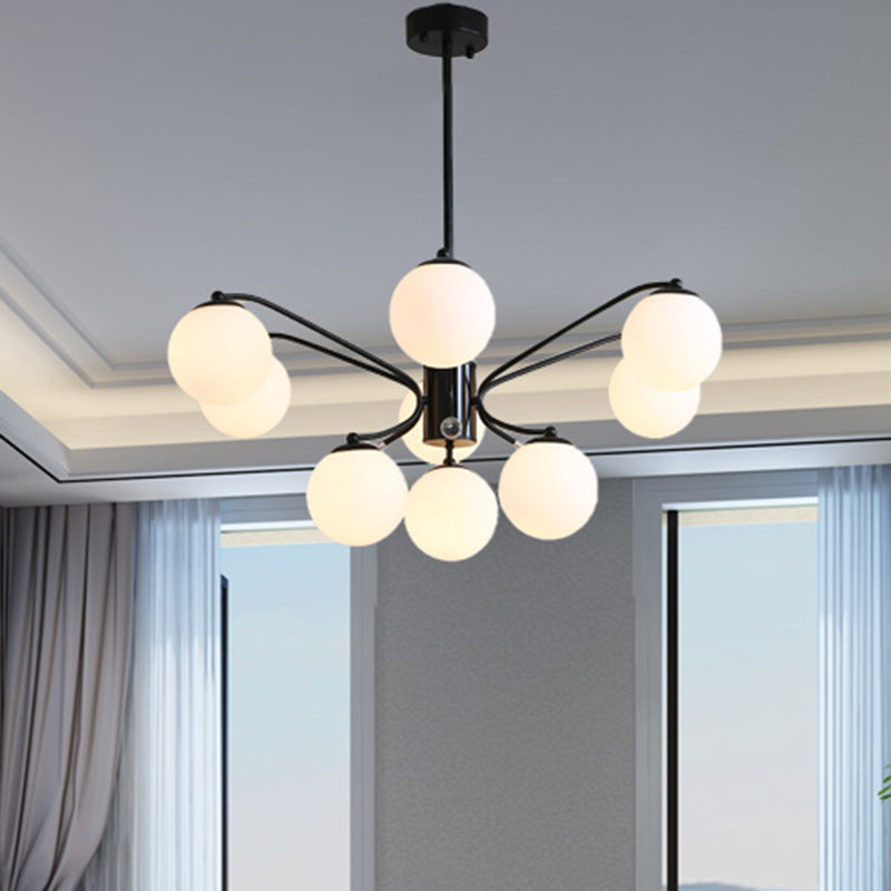 White Glass Ball Chandelier Modern 3/5/9 Lights Hanging Ceiling Fixture in Black with Curved Arm Clearhalo 'Ceiling Lights' 'Chandeliers' 'Glass shade' 'Glass' 'Modern Chandeliers' 'Modern' Lighting' 415794