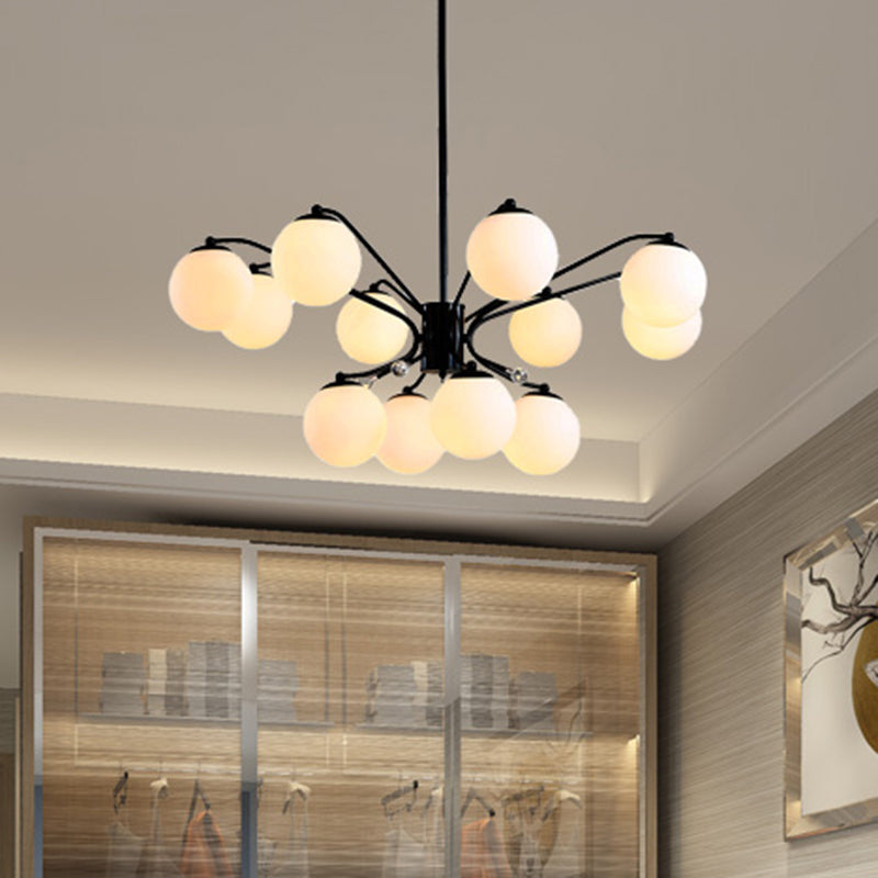 White Glass Ball Chandelier Modern 3/5/9 Lights Hanging Ceiling Fixture in Black with Curved Arm Clearhalo 'Ceiling Lights' 'Chandeliers' 'Glass shade' 'Glass' 'Modern Chandeliers' 'Modern' Lighting' 415795