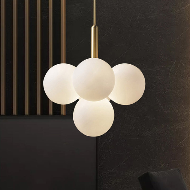 Ball White Glass Chandelier Lamp Contemporary 5/13 Lights Brass Hanging Pendant Light with Spherical Design Clearhalo 'Ceiling Lights' 'Chandeliers' 'Glass shade' 'Glass' 'Modern Chandeliers' 'Modern' Lighting' 415802