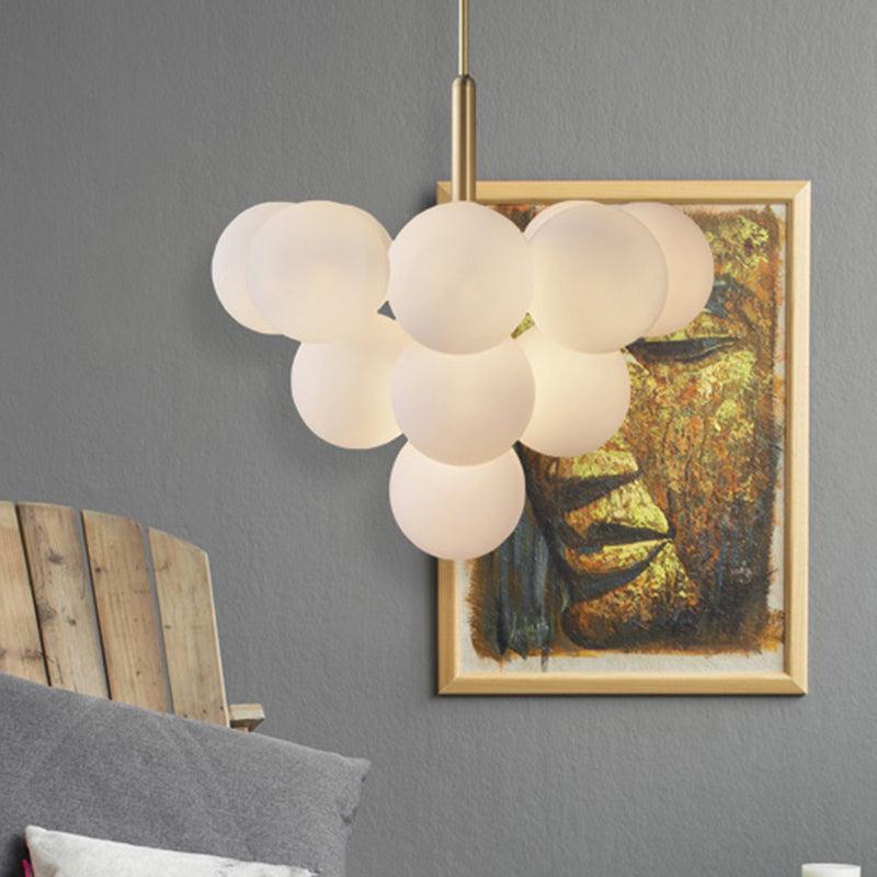 Ball White Glass Chandelier Lamp Contemporary 5/13 Lights Brass Hanging Pendant Light with Spherical Design Clearhalo 'Ceiling Lights' 'Chandeliers' 'Glass shade' 'Glass' 'Modern Chandeliers' 'Modern' Lighting' 415803