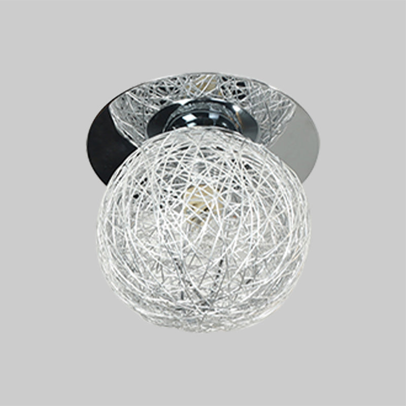 Simple 1 Bulb Flush Lighting with Metal Shade White Handwoven Globe/Leaf Ceiling Mount Lamp Clearhalo 'Ceiling Lights' 'Close To Ceiling Lights' 'Close to ceiling' 'Semi-flushmount' Lighting' 415809