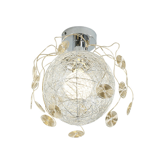 Simple 1 Bulb Flush Lighting with Metal Shade White Handwoven Globe/Leaf Ceiling Mount Lamp Clearhalo 'Ceiling Lights' 'Close To Ceiling Lights' 'Close to ceiling' 'Semi-flushmount' Lighting' 415812