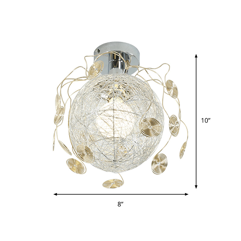 Simple 1 Bulb Flush Lighting with Metal Shade White Handwoven Globe/Leaf Ceiling Mount Lamp Clearhalo 'Ceiling Lights' 'Close To Ceiling Lights' 'Close to ceiling' 'Semi-flushmount' Lighting' 415813