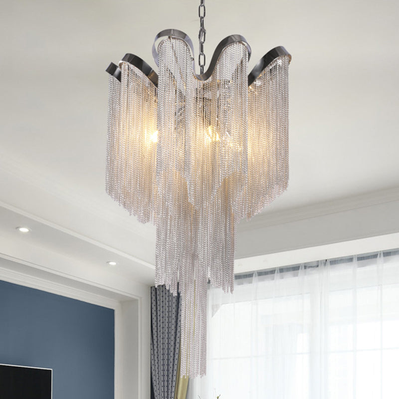 Tassel Metal Chandelier Modernist Nordic Style 4 Lights Silver Hanging Ceiling Light Fixture Clearhalo 'Ceiling Lights' 'Chandeliers' 'Modern Chandeliers' 'Modern' Lighting' 415820