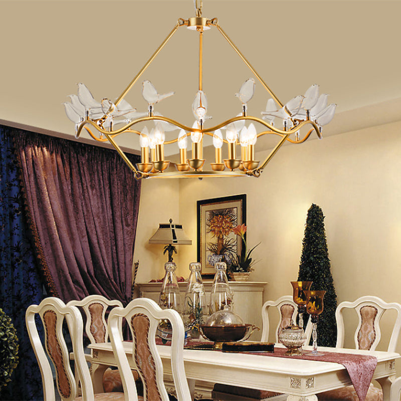 Postmodern Candle Chandelier Iron 6/9-Head Living Room Ceiling Hung Fixture in Gold with Clear Glass Birds Clearhalo 'Ceiling Lights' 'Chandeliers' 'Modern Chandeliers' 'Modern' Lighting' 415830