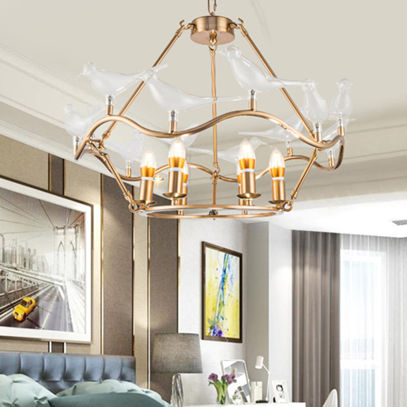 Postmodern Candle Chandelier Iron 6/9-Head Living Room Ceiling Hung Fixture in Gold with Clear Glass Birds Clearhalo 'Ceiling Lights' 'Chandeliers' 'Modern Chandeliers' 'Modern' Lighting' 415831