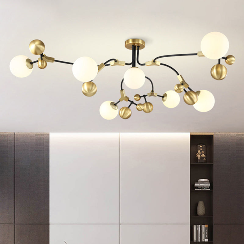 Modern Ball Hanging Lamp Iron 2/5/7-Head Bedroom Chandelier Pendant Light in Brass with White Glass Shade Clearhalo 'Ceiling Lights' 'Chandeliers' 'Glass shade' 'Glass' 'Modern Chandeliers' 'Modern' Lighting' 415842