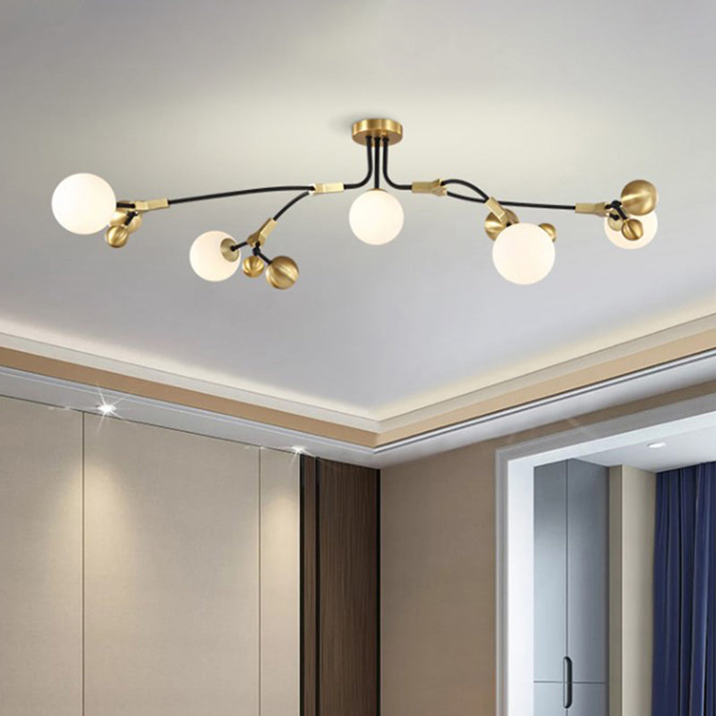 Modern Ball Hanging Lamp Iron 2/5/7-Head Bedroom Chandelier Pendant Light in Brass with White Glass Shade Clearhalo 'Ceiling Lights' 'Chandeliers' 'Glass shade' 'Glass' 'Modern Chandeliers' 'Modern' Lighting' 415843