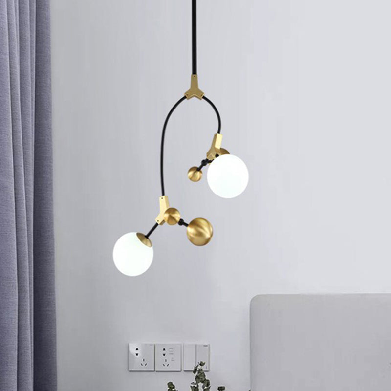 Modern Ball Hanging Lamp Iron 2/5/7-Head Bedroom Chandelier Pendant Light in Brass with White Glass Shade Clearhalo 'Ceiling Lights' 'Chandeliers' 'Glass shade' 'Glass' 'Modern Chandeliers' 'Modern' Lighting' 415844