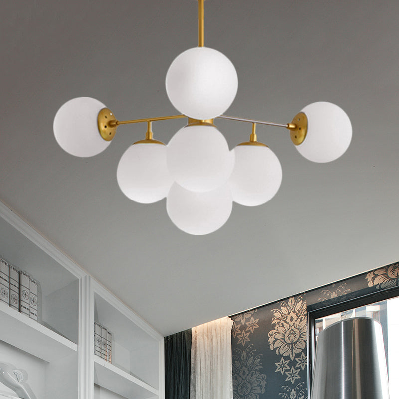 Black/Gold Branch Chandelier Modern 7/9/11-Light Iron Ceiling Pendant with White Glass Ball Shade Clearhalo 'Ceiling Lights' 'Chandeliers' 'Glass shade' 'Glass' 'Modern Chandeliers' 'Modern' Lighting' 415846