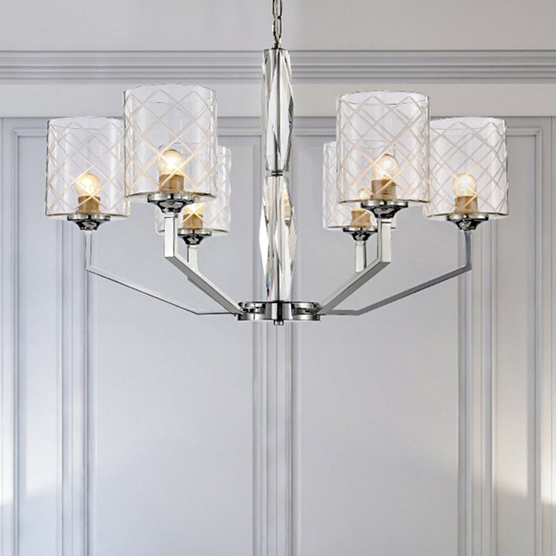 Simple Cup Lattice Glass Up Chandelier 6/8-Light Ceiling Lighting Fixture in Chrome Clearhalo 'Ceiling Lights' 'Chandeliers' 'Glass shade' 'Glass' 'Modern Chandeliers' 'Modern' Lighting' 415878