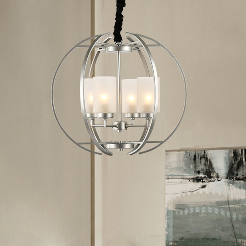 Cylinder Frosted Glass Hanging Light Contemporary 4-Head White Up Chandelier Pendant with Sphere Frame Clearhalo 'Ceiling Lights' 'Chandeliers' 'Modern Chandeliers' 'Modern' Lighting' 415885