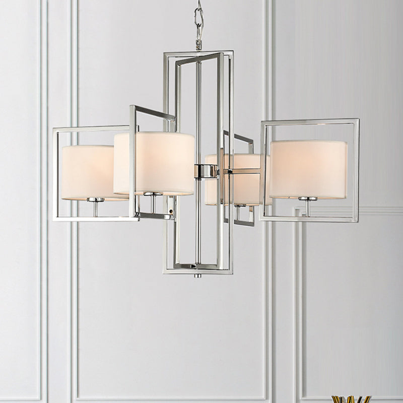 4 Lights Living Room Chandelier Lamp with Barrel Fabric Shade Modern Chrome Pendant Lantern Clearhalo 'Ceiling Lights' 'Chandeliers' 'Modern Chandeliers' 'Modern' Lighting' 415890