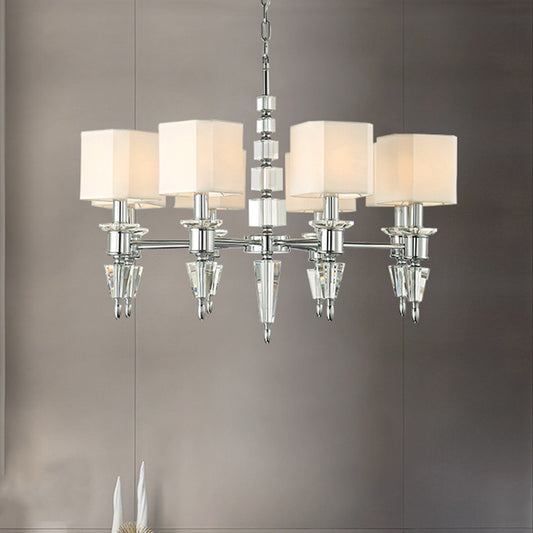 Iron Cube Ceiling Pendant Modern 6 Lights Chrome Hanging Chandelier Fixture with Fabric Shade Clearhalo 'Ceiling Lights' 'Chandeliers' 'Modern Chandeliers' 'Modern' Lighting' 415892