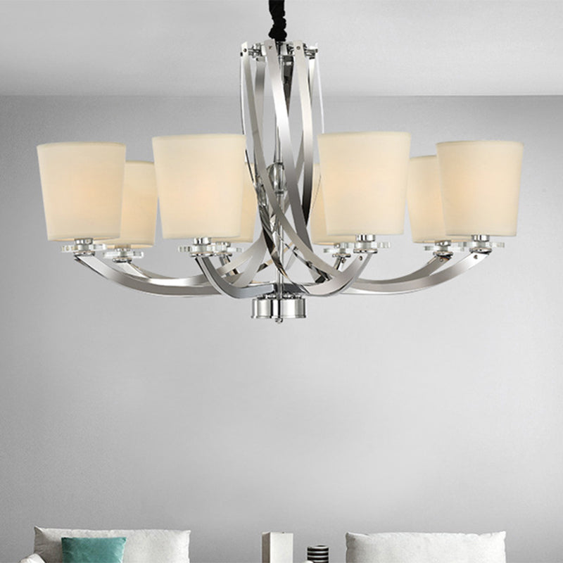 Silver Cylinder Chandelier Simple 6 Lights Iron Pendant Lighting Fixture with Fabric Shade Clearhalo 'Ceiling Lights' 'Chandeliers' 'Modern Chandeliers' 'Modern' Lighting' 415894