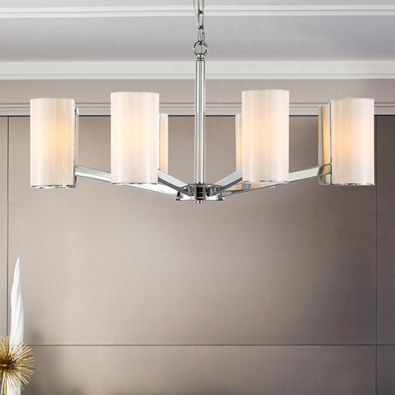 White Glass Cylindrical Chandelier Contemporary 8-Light Silver Ceiling Pedant Lamp with Adjustable Chain Clearhalo 'Ceiling Lights' 'Chandeliers' 'Modern Chandeliers' 'Modern' Lighting' 415897