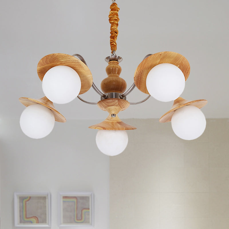 Modern Ball White Glass Chandelier 5 Lights Ceiling Pendant Fixture with Wooden Cap Clearhalo 'Ceiling Lights' 'Chandeliers' Lighting' options 415901