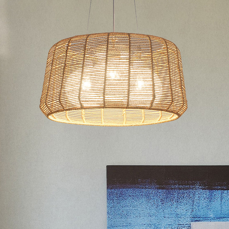 Rope Drum/Teardrop Ceiling Lamp Modern 1 Bulb Hanging Pendant Light in Wood for Living Room Clearhalo 'Ceiling Lights' 'Pendant Lights' 'Pendants' Lighting' 415908